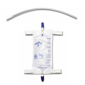 A Medline fluid collection bag with dual purple-tipped connectors and measurement markings, shown with a curved clear tubing piece above it on a white background. - okotoks hc pharmacy