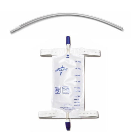 A Medline fluid collection bag with dual purple-tipped connectors and measurement markings, shown with a curved clear tubing piece above it on a white background. - okotoks hc pharmacy