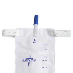 White urine collection bag with blue markings and a Medline logo on a white background - okotoks hc pharmacy