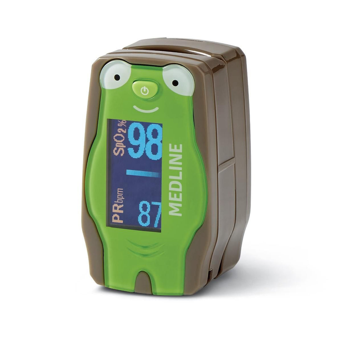 Green and brown Medline pulse oximeter on a white background - okotoks hc pharmacy