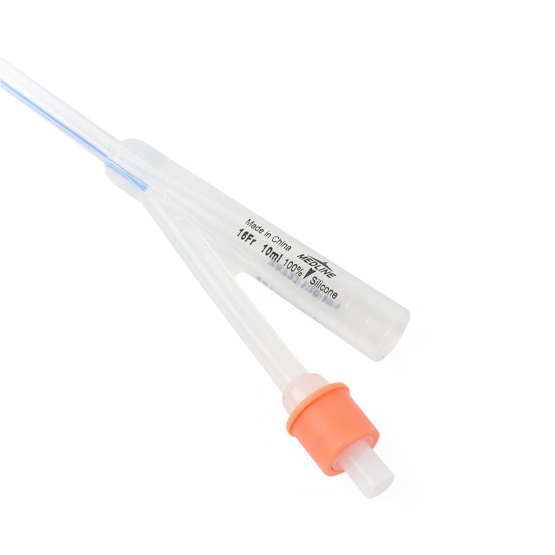 A 16G 10ml 100% silicone Y-tube catheter with a translucent clear body and a bright orange silicone connector, shown on a plain white background. - okotoks hc pharmacy