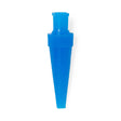 A bright blue plastic funnel tip with a ribbed neck and a tapered cone body, shown on a plain white background. - okotoks hc pharmacy