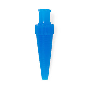 A bright blue plastic funnel tip with a ribbed neck and a tapered cone body, shown on a plain white background. - okotoks hc pharmacy