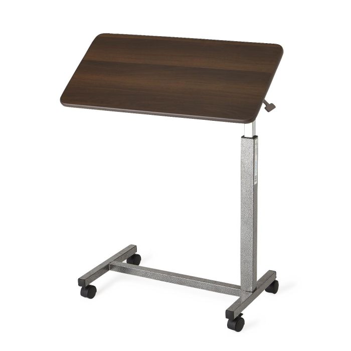 Adjustable height table with wooden top and metal base on a white background - okotoks hc pharmacy