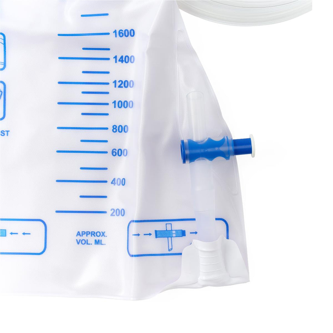 Close-up of a translucent white plastic fluid bag with blue measurement markings and a blue-and-white plastic connector, shown on a white background. - okotoks hc pharmacy