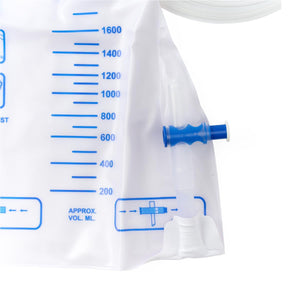 Close-up of a translucent white plastic fluid bag with blue measurement markings and a blue-and-white plastic connector, shown on a white background. - okotoks hc pharmacy