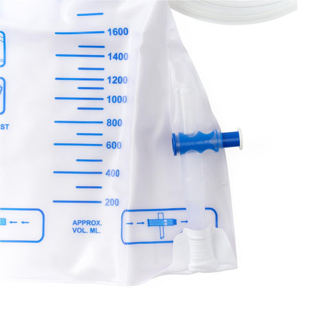 Close-up of a translucent white plastic fluid bag with blue measurement markings and a blue-and-white plastic connector, shown on a white background. - okotoks hc pharmacy