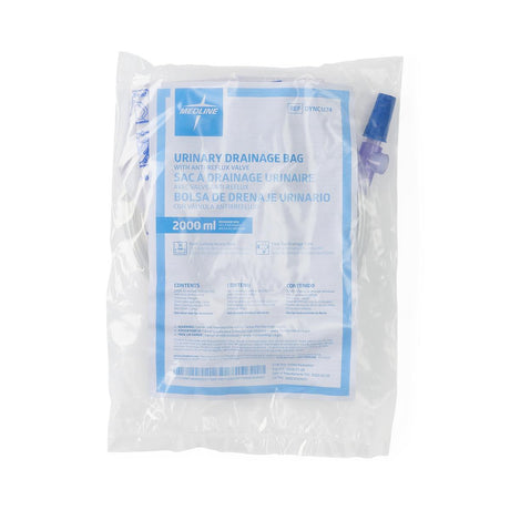 A 2000 ml urinary drainage bag in a clear plastic protective pouch with a blue and white label, shown against a plain white background. - okotoks hc pharmacy