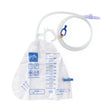 Urinal bag with measurement markings and attached tube on a white background - okotoks hc pharmacy