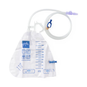 Urinal bag with measurement markings and attached tube on a white background - okotoks hc pharmacy