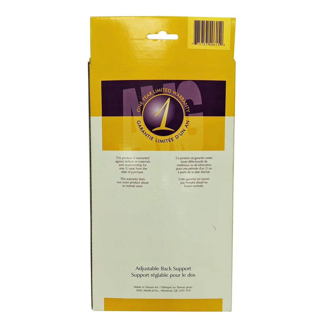 Yellow and white packaging of an adjustable back support with a brand logo on a white background - okotoks hc pharmacy