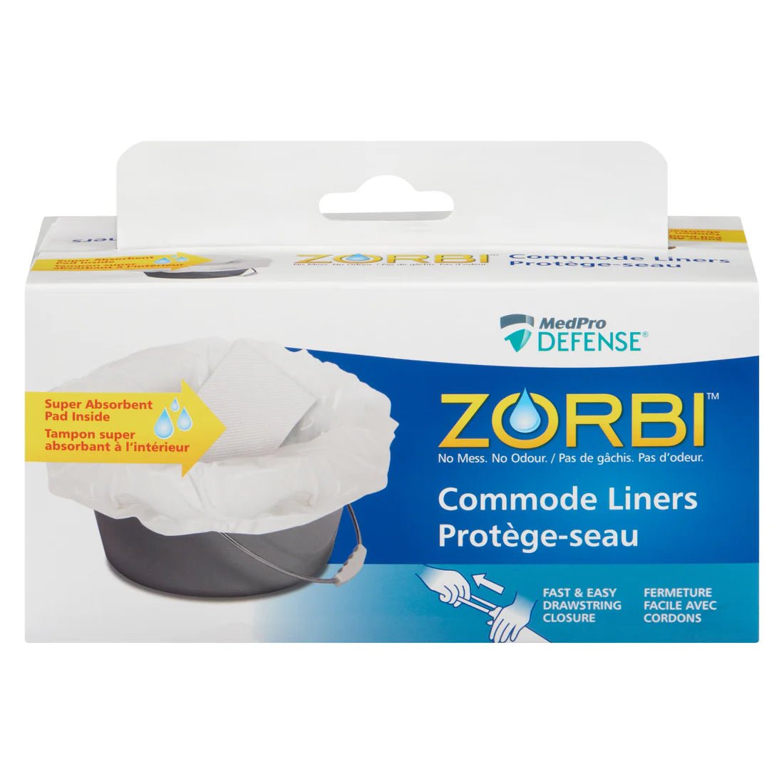 Zorbi commode liners packaging with branding on a white background - okotoks hc pharmacy