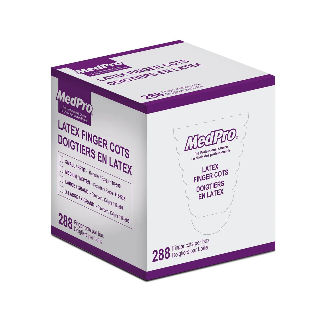 Box of MedPro latex finger cots on a white background - okotoks hc pharmacy