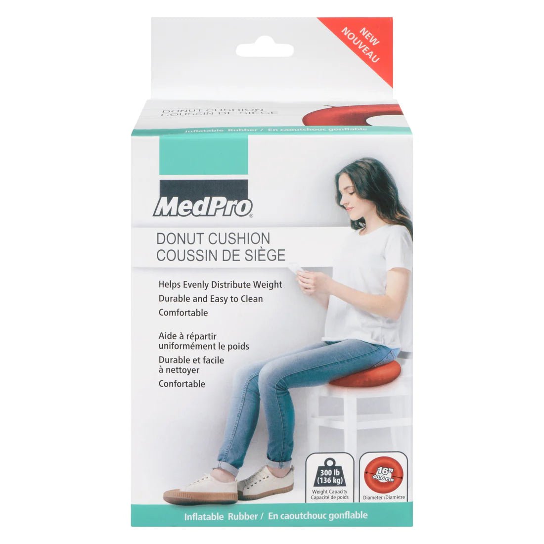MedPro donut cushion packaging with a woman sitting on it. - okotoks hc pharmacy