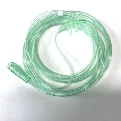Coiled green oxygen tube on a white background - okotoks hc pharmacy