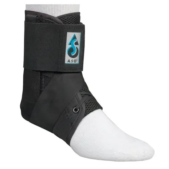Black ankle support brace on a white background with 'ASO' logo. - okotoks hc pharmacy