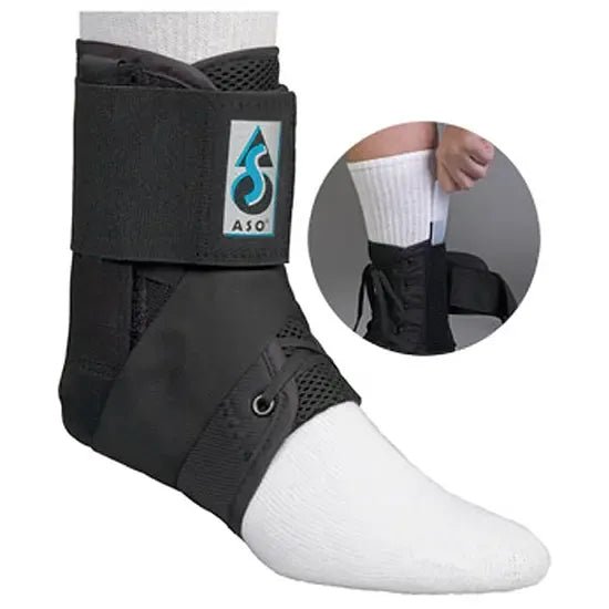 Black ankle support brace with white sock on a white background, featuring the ASO logo. - okotoks hc pharmacy