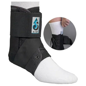 Black ankle support brace with white sock on a white background, featuring the ASO logo. - okotoks hc pharmacy