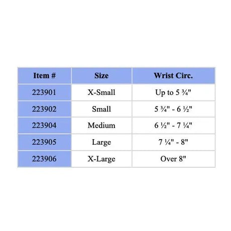 Table displaying wrist size measurements for different item sizes on a white background - okotoks hc pharmacy