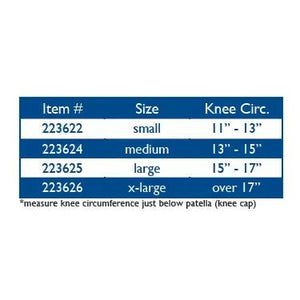 A blue size chart table for knee circumference, showing item numbers, sizes (small, medium, large, x-large), and recommended knee circumference ranges. - okotoks hc pharmacy