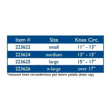 A blue size chart table for knee circumference, showing item numbers, sizes (small, medium, large, x-large), and recommended knee circumference ranges. - okotoks hc pharmacy