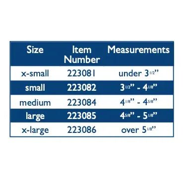 A size chart table with columns for Size, Item Number, and Measurements, showing options from x-small to x-large with corresponding size ranges and item numbers on a white background. - okotoks hc pharmacy