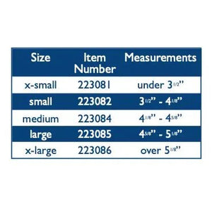 A size chart table with columns for Size, Item Number, and Measurements, showing options from x-small to x-large with corresponding size ranges and item numbers on a white background. - okotoks hc pharmacy