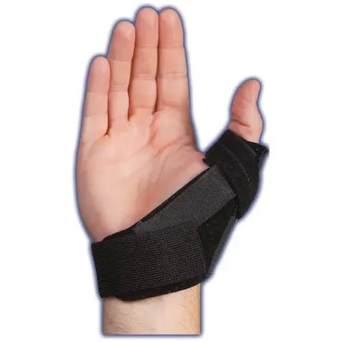 A black wrist and thumb support brace worn on a person's hand, shown against a plain white background with a blue outline effect. - okotoks hc pharmacy