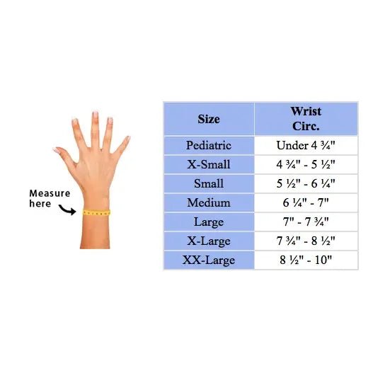 Wrist size measurement chart showing a hand with a yellow measuring tape around the wrist and a size table listing categories from Pediatric to XX-Large with corresponding wrist circumference ranges. - okotoks hc pharmacy