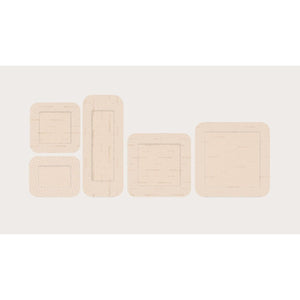 Set of five beige bandages of different sizes on a light beige background - okotoks hc pharmacy