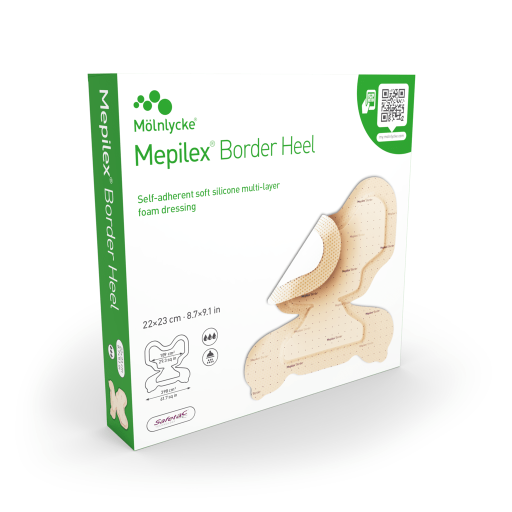 Mépilex Border Heel packaging with Ménlycke branding on a white background - okotoks hc pharmacy