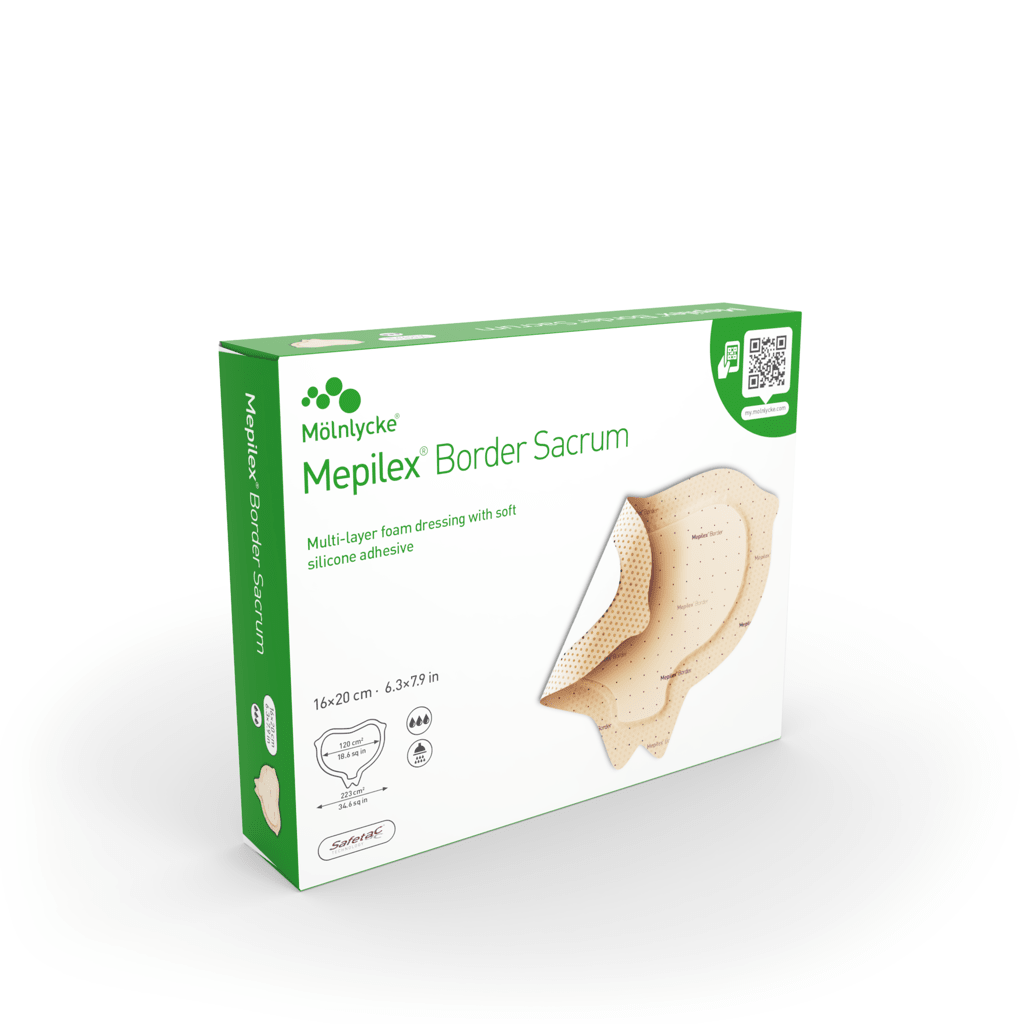 Mepilex Border Sacrum medical dressing packaging on a white background - okotoks hc pharmacy