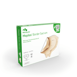 Mepilex Border Sacrum medical dressing packaging on a white background - okotoks hc pharmacy
