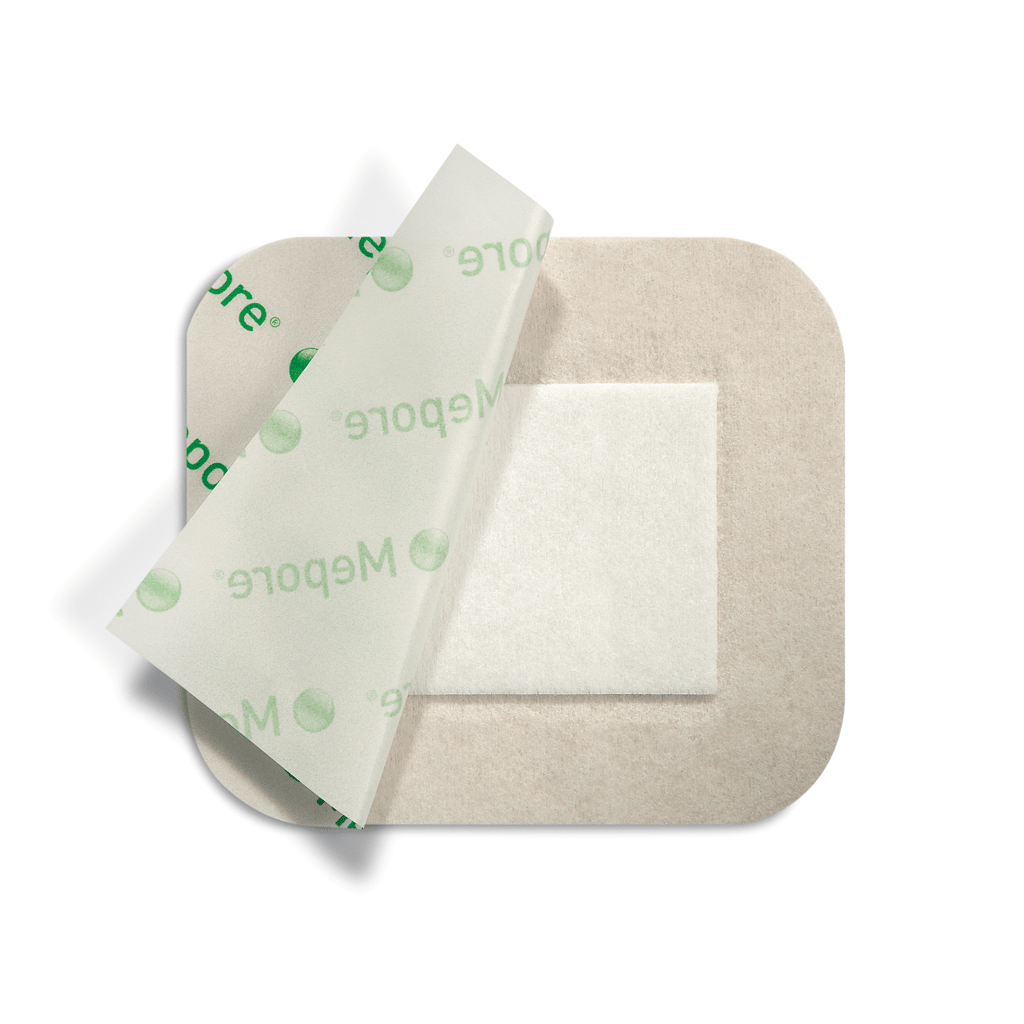 Mepore bandage on a beige square pad with a white background - okotoks hc pharmacy