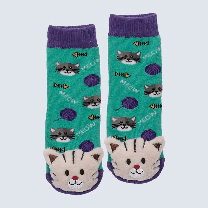 Pair of socks with cat designs on a light blue background - okotoks hc pharmacy