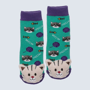 Pair of socks with cat designs on a light blue background - okotoks hc pharmacy