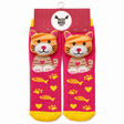A pair of children's novelty socks in pink packaging, featuring 3D orange-and-cream striped cat faces on the front, with yellow fish, hearts, and paw prints on a bright pink background. - okotoks hc pharmacy
