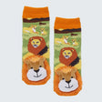 A pair of children's socks with a safari theme, featuring lion illustrations and a plush lion face on the toe area, set against a light gray background. - okotoks hc pharmacy