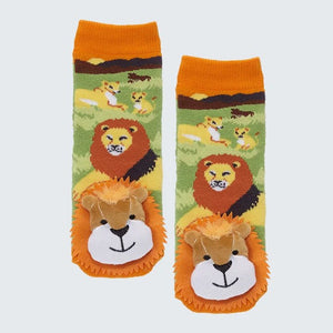 A pair of children's socks with a safari theme, featuring lion illustrations and a plush lion face on the toe area, set against a light gray background. - okotoks hc pharmacy