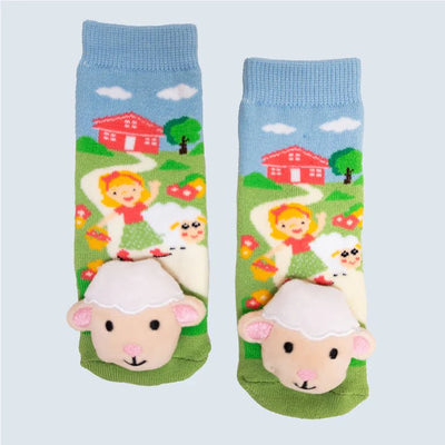 Children's socks with cartoon design of a girl and sheep on a blue background - okotoks hc pharmacy