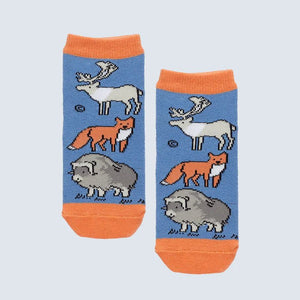 Pair of socks with animal patterns on a light blue background - okotoks hc pharmacy