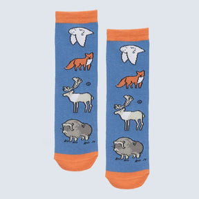 Pair of socks with animal patterns on a light blue background - okotoks hc pharmacy