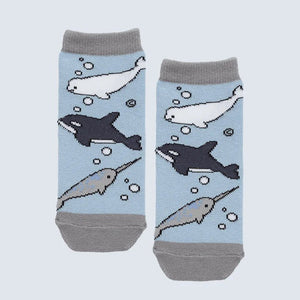 Pair of socks with whale and narwhal patterns on a light blue background - okotoks hc pharmacy