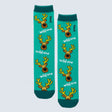 Teal socks with reindeer design and 'wild one' text on a light gray background - okotoks hc pharmacy