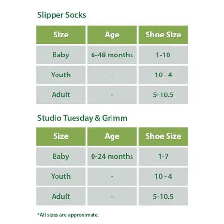 Slipper socks size chart with age and shoe size ranges. - okotoks hc pharmacy