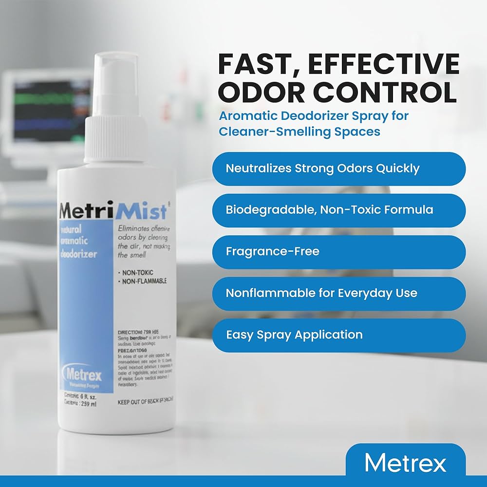 MetriMist deodorizer spray bottle with features listed on a blurred background - okotoks hc pharmacy