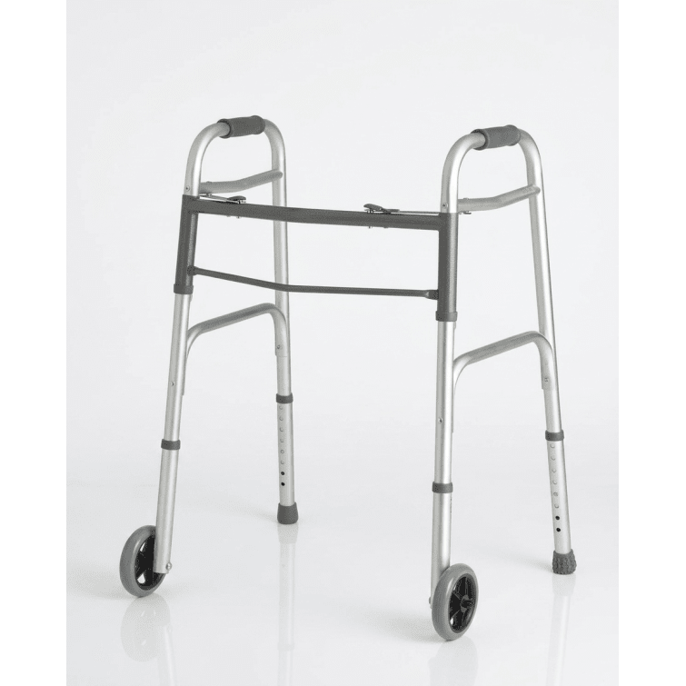 Silver walker with wheels on a white background - okotoks hc pharmacy