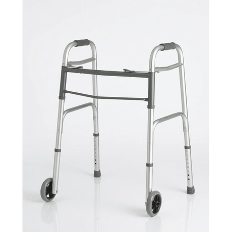 Silver walker with wheels on a white background - okotoks hc pharmacy