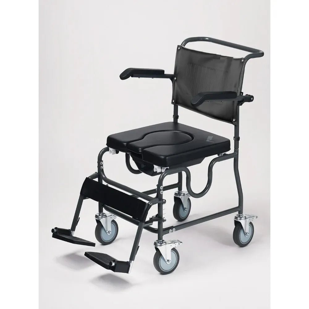 Black commode chair with wheels on a white background - okotoks hc pharmacy