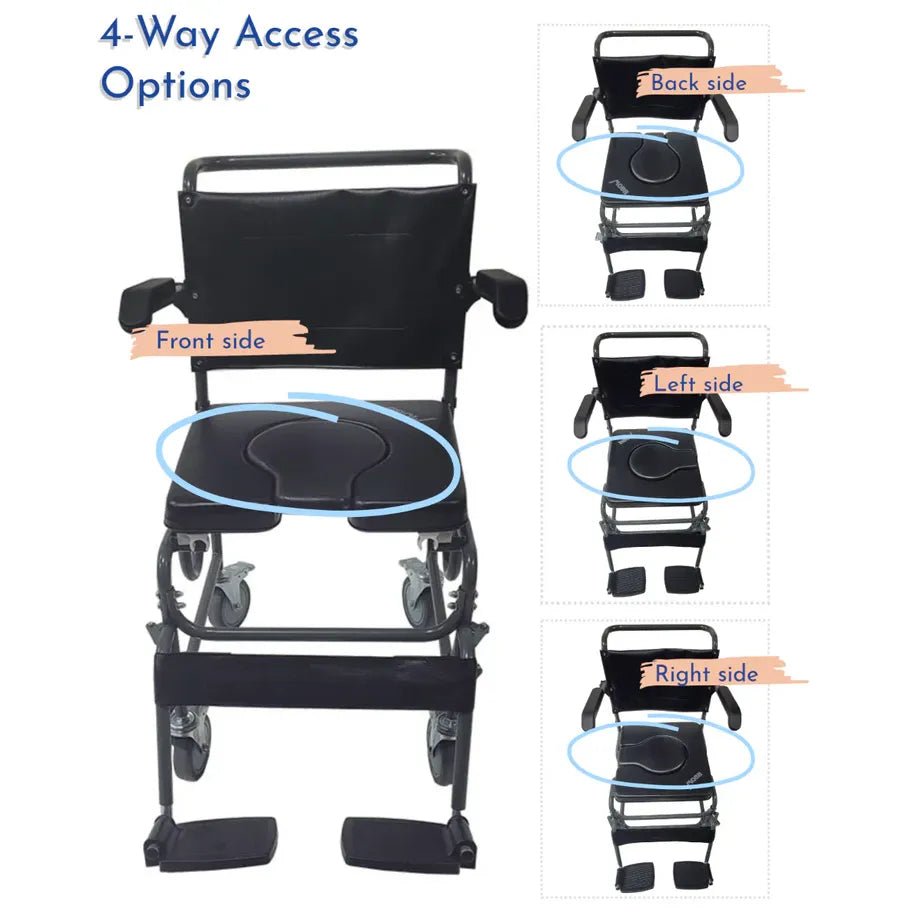 Black wheelchair with labeled 4-way access options on a white background - okotoks hc pharmacy